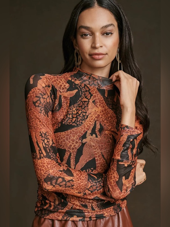 FARM Rio Tops - Farm Rio Giraffe Print Long Sleeve Tulle Blouse Size XL